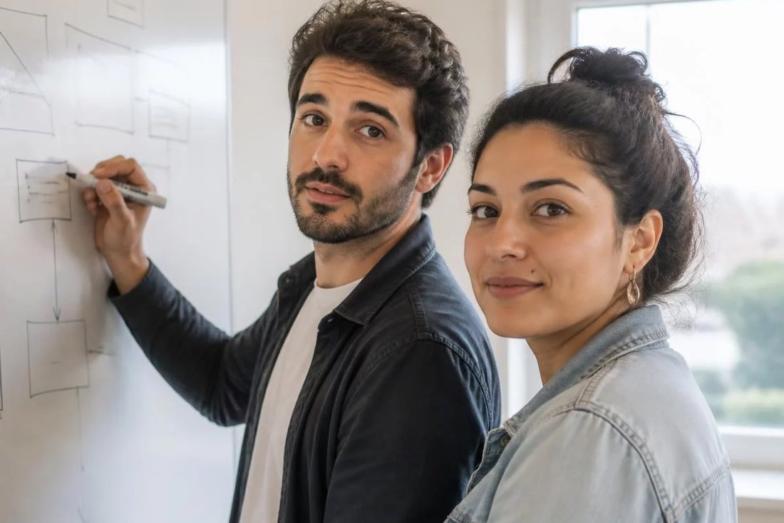 Facilitadora aponta para um mapa de argumento desenhado no quadro branco enquanto um participante acompanha